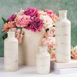 Vase Set of 3 White & Gold Komely NEW in Box Ceramic Jar Set